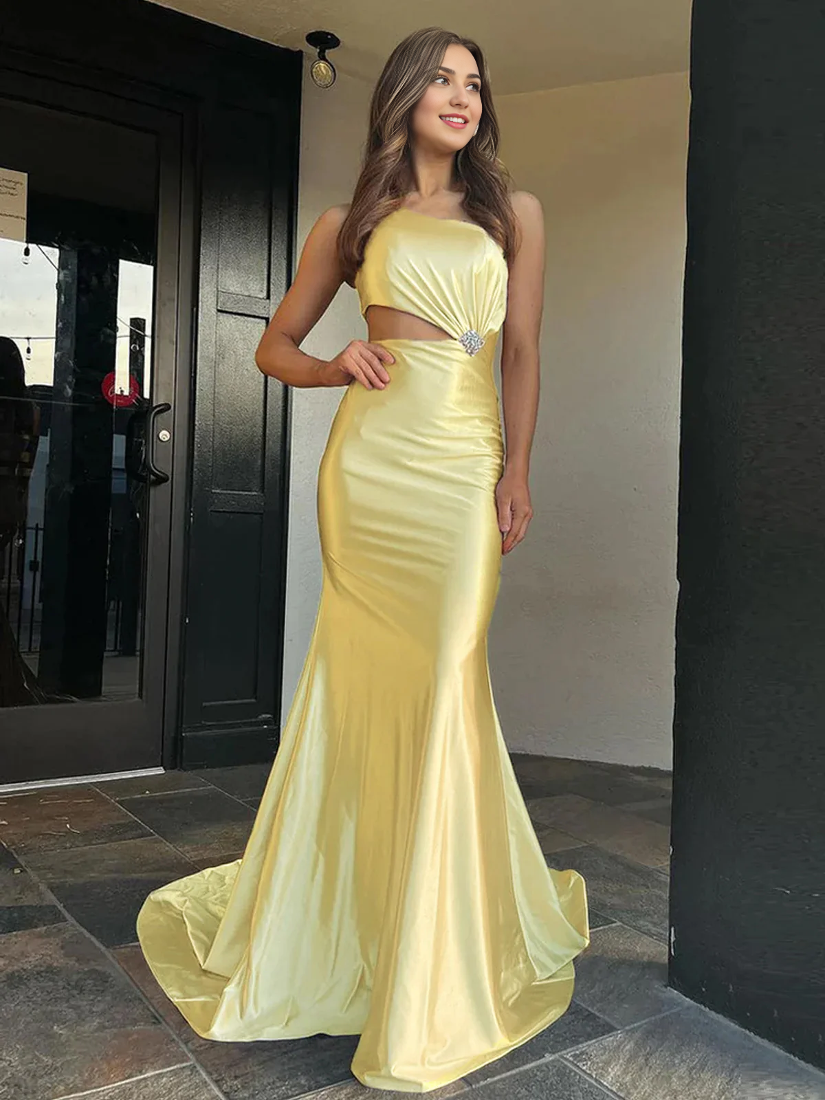 Evening Dress One-Shoulder Sleeveless Mermaid Cultivate oneself Sweep Train Prom Dress Show Waist Charming Formal Women's Dresses