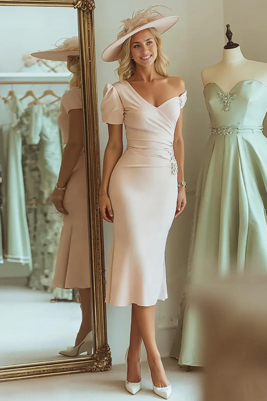 Light Pink Elegant Mermaid One Shoulder Sweetheart Neckline Short Sleeves Pleated Waist Backless Wedding Guest Dress For Women New Style Mother of the Bride Dress