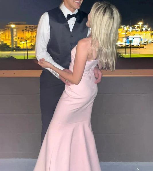 Pink Satin Mermaid Spaghetti Straps Sleeveless Ruched Hem Elegant Wedding Guest Dress Long Hot Sale Prom Dresses