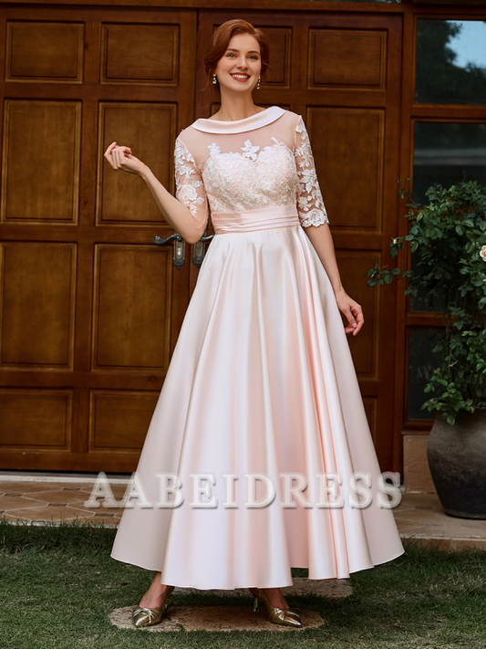 AABEI DRESS Mother of the Bride Dress A-Line Appliques Lace Ankle-Length Satin 1/2 Sleeves Elegant Dignified Dress Wedding Guests Dresses