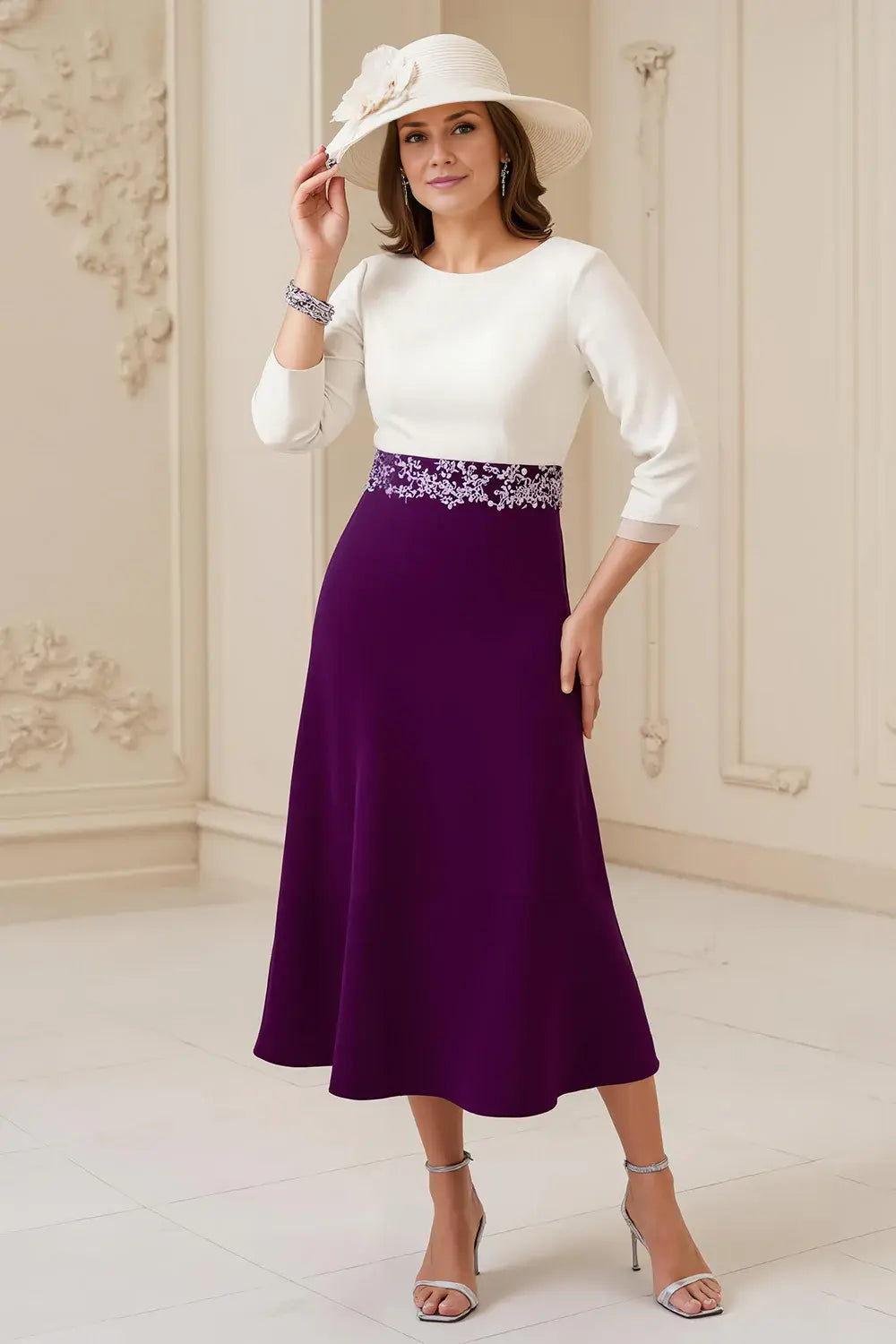 Grape and White A Line Boat Neck 3/4 Long Sleeve Waist with Lace Appliques Exquisite Midi Wedding Guest Dress For Women Hot Sale Mother of the Bride Dress