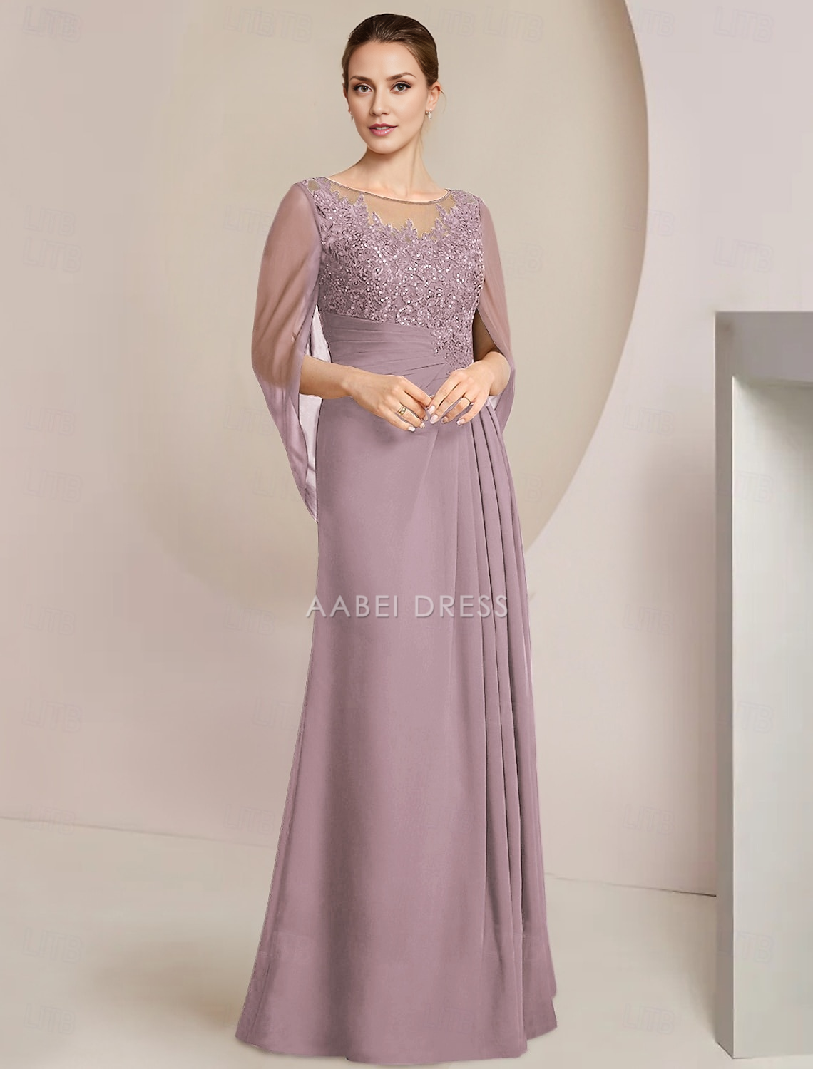 AABEI DRESS Wedding Guest Dress Elegant Sheath Jewel Neck Floor Length Chiffon Half Sleeve with Lace Side-Draped Mother of the Bride Dress