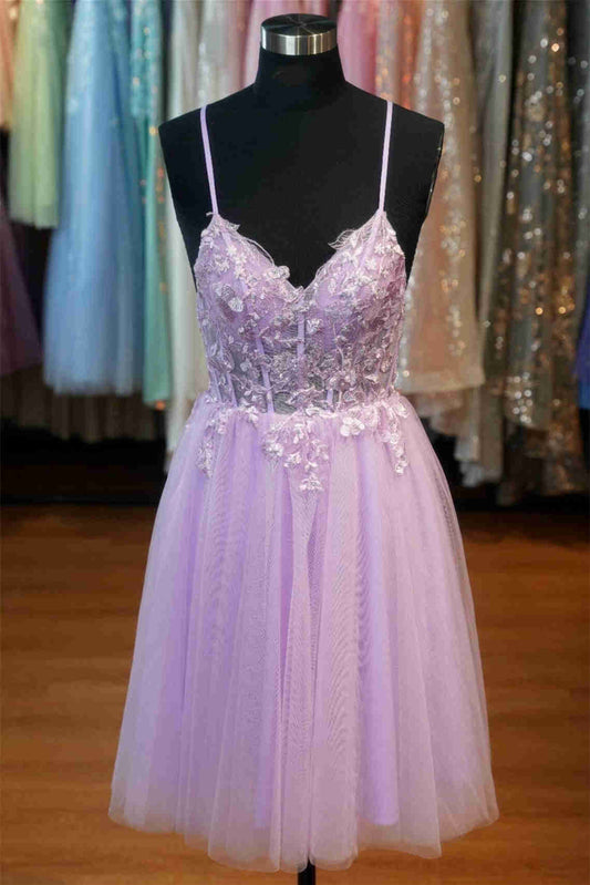 AABEI DRESS New Homecoming Dress Exquisite A Line V-Neck Spaghetti Strap Lace Appliques Backless Short Prom Dresse