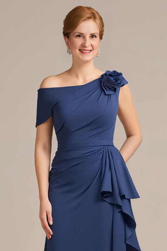 Wedding Guest Dress Fashion Navy Sheath Off Shoulder Sleeveless Tiers Ruffled with 3D Flower Hot Sale Long Mother of the Bride Dress