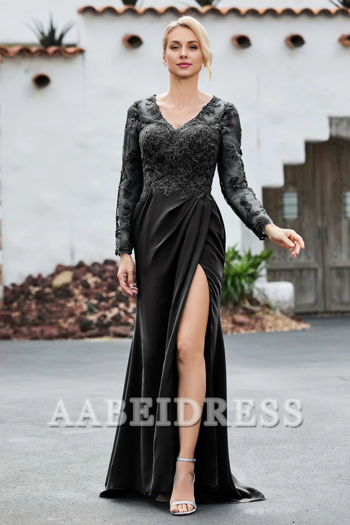AABEI DRESS Mother of the Bride Dresses Lace V-neck Long Sleeves High Slit Elegant Dress Wedding Guests Dresses