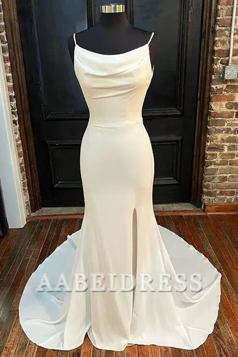 AABEI DRESS High Quality Simple Wedding Dress Cowl Neck Backless Mermaid Sweep Train Slit Elegant Formal Dresses