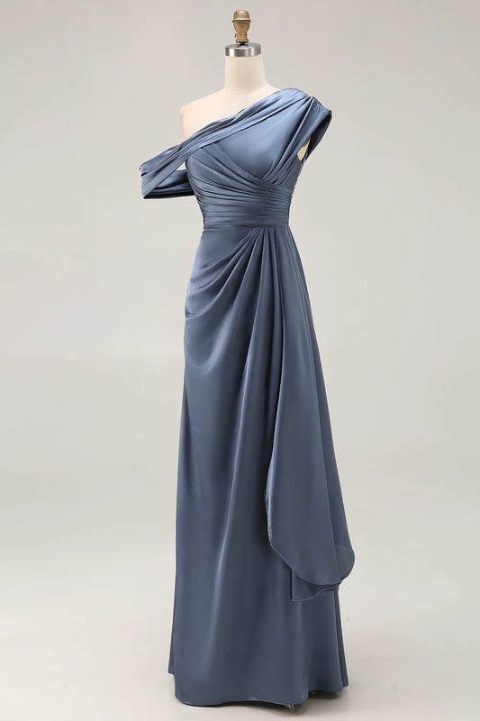 Grey Blue Elegant Mermaid Pleated One Shoulder Long Wedding Guest Dress For Women New Style Mother of the Bride Dress