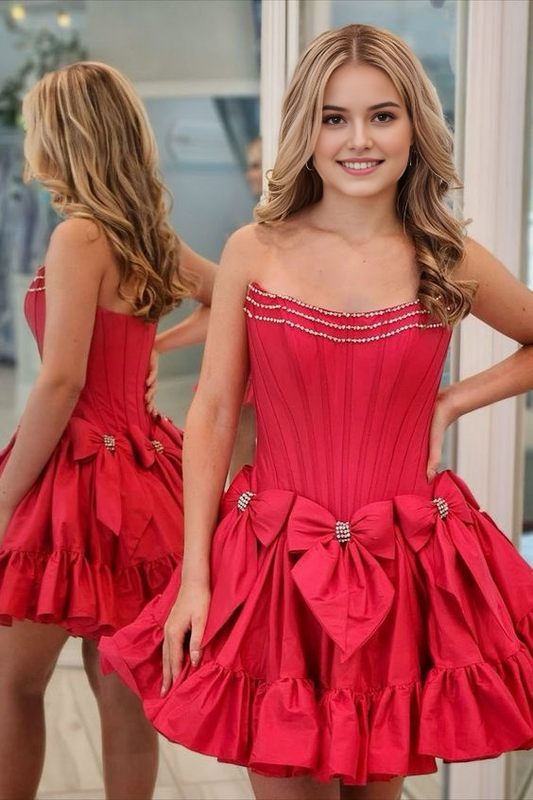AABEI DRESS New Homecoming Dress Cute Satin A-Line Bateau Strapless Beaded With Bows Fashion Short Prom Dresse