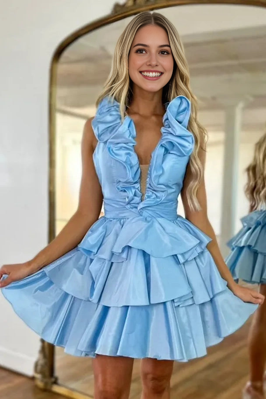 AABEI DRESS New Homecoming Dress A-Line Low V-Neck Halter Ruffled Satin Tiered Backless Unique Short Prom Dresse