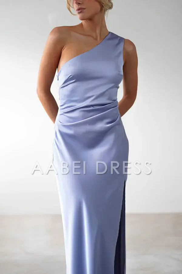 AABEI DRESS Prom Dress Satin One-Shoulder Ruched Waist Side Fork Simple Exquisite Dress