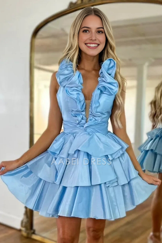 AABEI DRESS New Homecoming Dress A-Line Low V-Neck Halter Ruffled Satin Tiered Backless Unique Short Prom Dresse