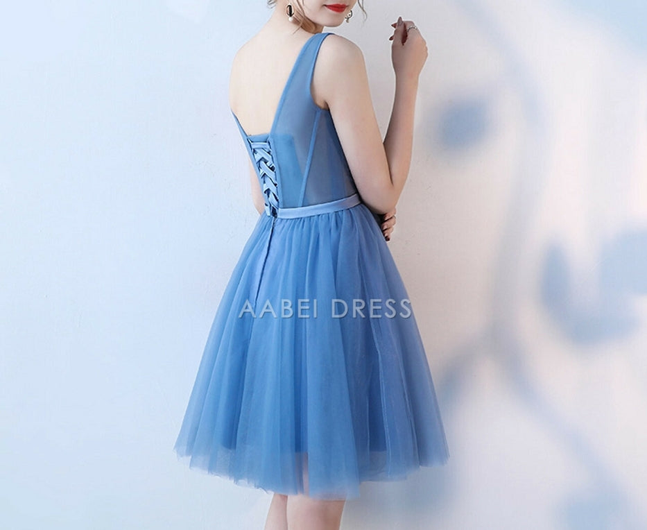 AABEI DRESS New Homecoming Dress Elegant A-Line V-Neck Sleeveless Tulle Lace Appliques Short Prom Dresse