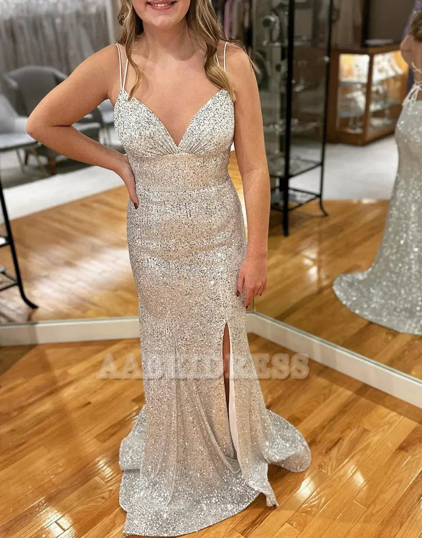 Evening Dress Sparkly Sequins Mermaid Cultivate oneself Long Prom Dress Side Fork Backless Sexy Charming Formal Women's Dresses