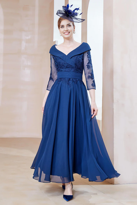 Fall November December Wedding Guest Dress A-Line V-Neck Lace Applique Chiffon Dress Mother of the Groom / Bride Dresses
