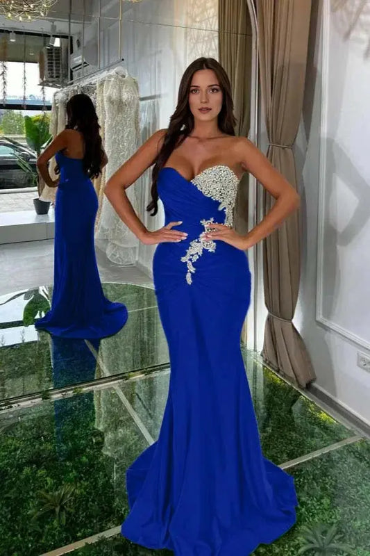 Charming Formal Women's Dresses Satin Mermaid Strapless Sweetheart Neckline Sleeveless Beading With Pleated Backless Fashion Sweep Train Affordable Prom Dress