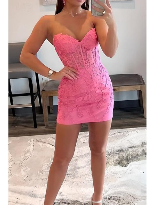 AABEI DRESS New Homecoming Dress A-Line Corsets Dress Holiday Graduation Sleeveless Strapless Lace with Appliques Exquisite Short Prom Dresse