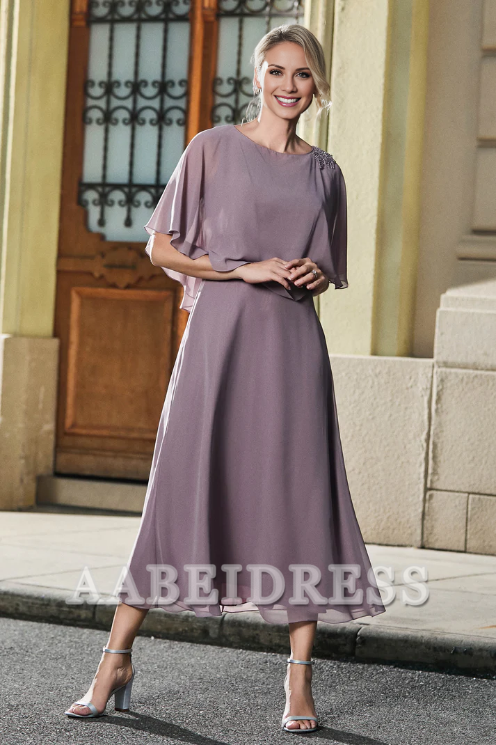 AABEI DRESS Mother of the Bride Dresses Tea-Length Jewel Flutter Sleeves Chiffon Dress Elegant Formal Dress Wedding Guests Dresses