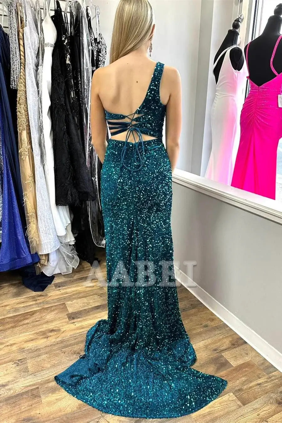 Evening Dress One-Shoulder Turquoise Sequin Keyhole Long Prom Dress Side Fork Lace up Backless Exquisite Formal Women's Dresses
