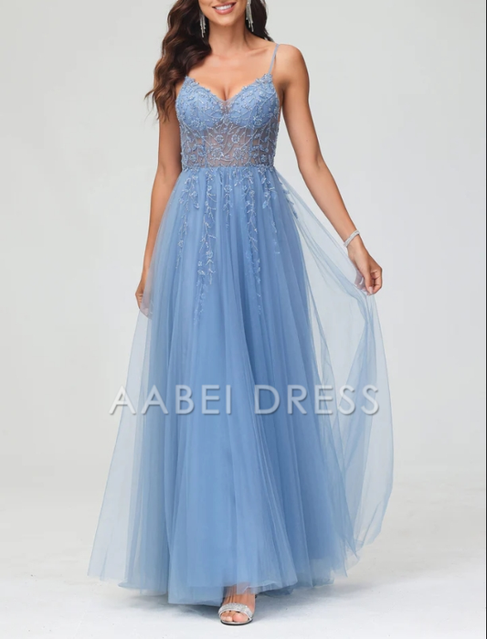 AABEI DRESS A-Line Spaghetti Straps Tulle Backless Sweep Train Dress Side Fork Exquisite Romantic Evening Dress