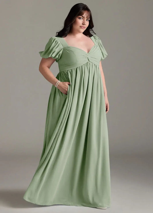 Wedding Guests Dresses Dusty Sage Chiffon A Line Sweetheart Neckline Twisted Corset Puff Short Sleeves Ruched Hem Floor-Length Elegant Plus Size Formal Dress Discount Hot Sale Prom Dress