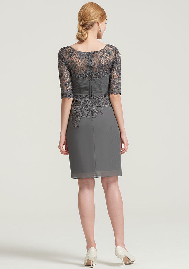 Elegant Wedding Guest Dresses Chiffon Sheath/Column Boat Neck Half Sleeve Pleated Lace Appliqued With Jacket Knee-Length Bargain Mother of the Bride Dress