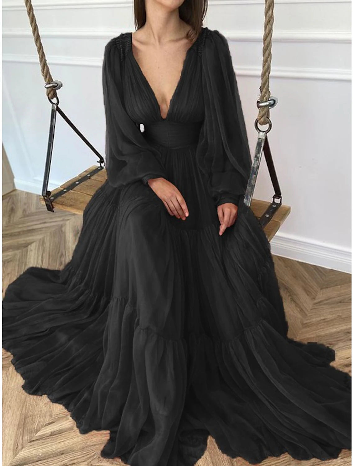 Wedding Guest Dress Formal Floor Length Long Sleeve V Neck Chiffon with Evening Dresses 