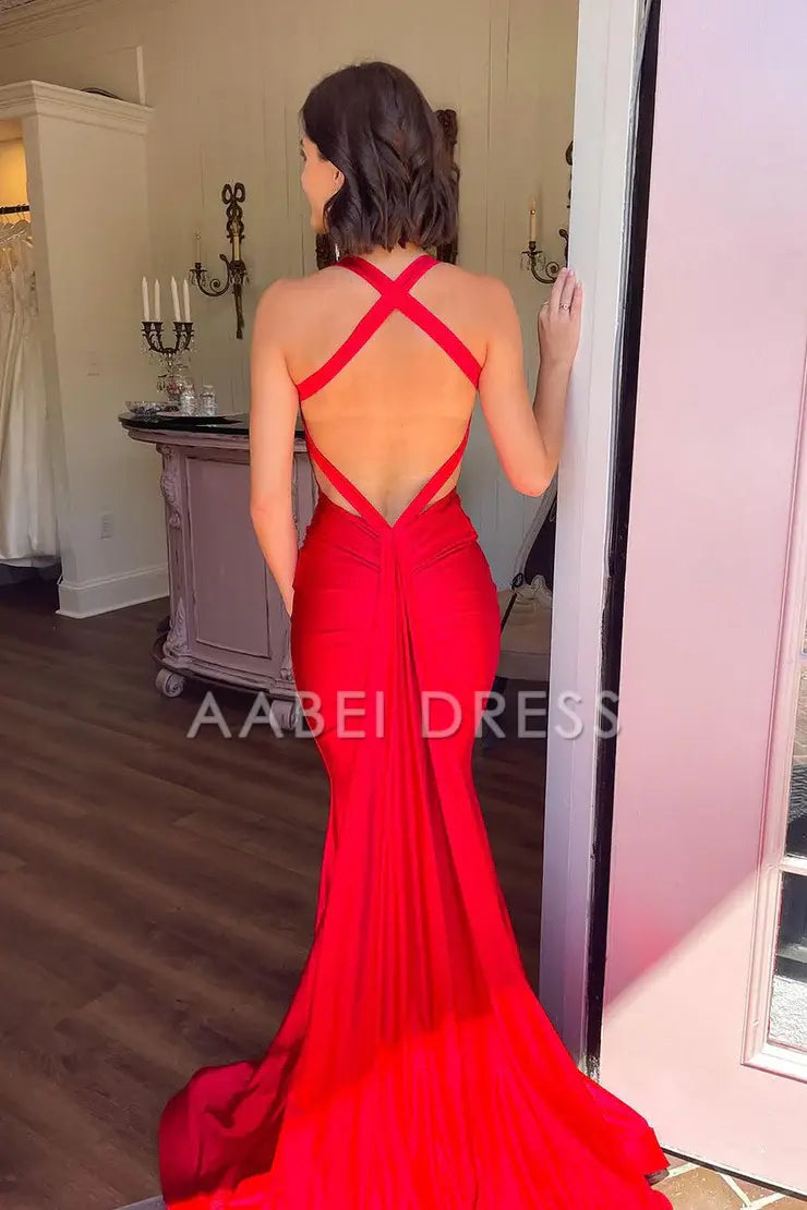 AABEI DRESS Prom Dress Elegant Mermaid V Neck Satin Backless Long Charming Formal Dress