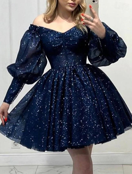 AABEI DRESS New Homecoming Dress Sequin A-Line V Neck Long Sleeve Corsets Dress Holiday Graduation Glitter Short Prom Dresse