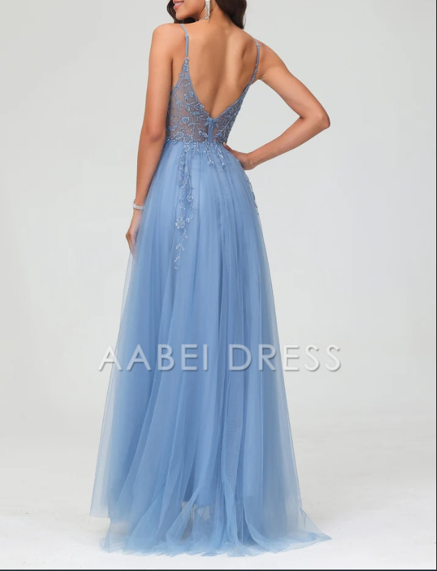 AABEI DRESS A-Line Spaghetti Straps Tulle Backless Sweep Train Dress Side Fork Exquisite Romantic Evening Dress