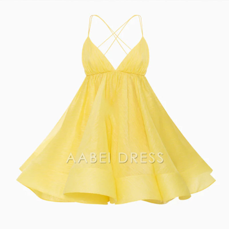 AABEI DRESS New Homecoming Dress Fashion Pleated A-line Hem Mini Dresses Sexy Sleeveless Backless Lace-up Dress Holiday Beachwear Prom Dress
