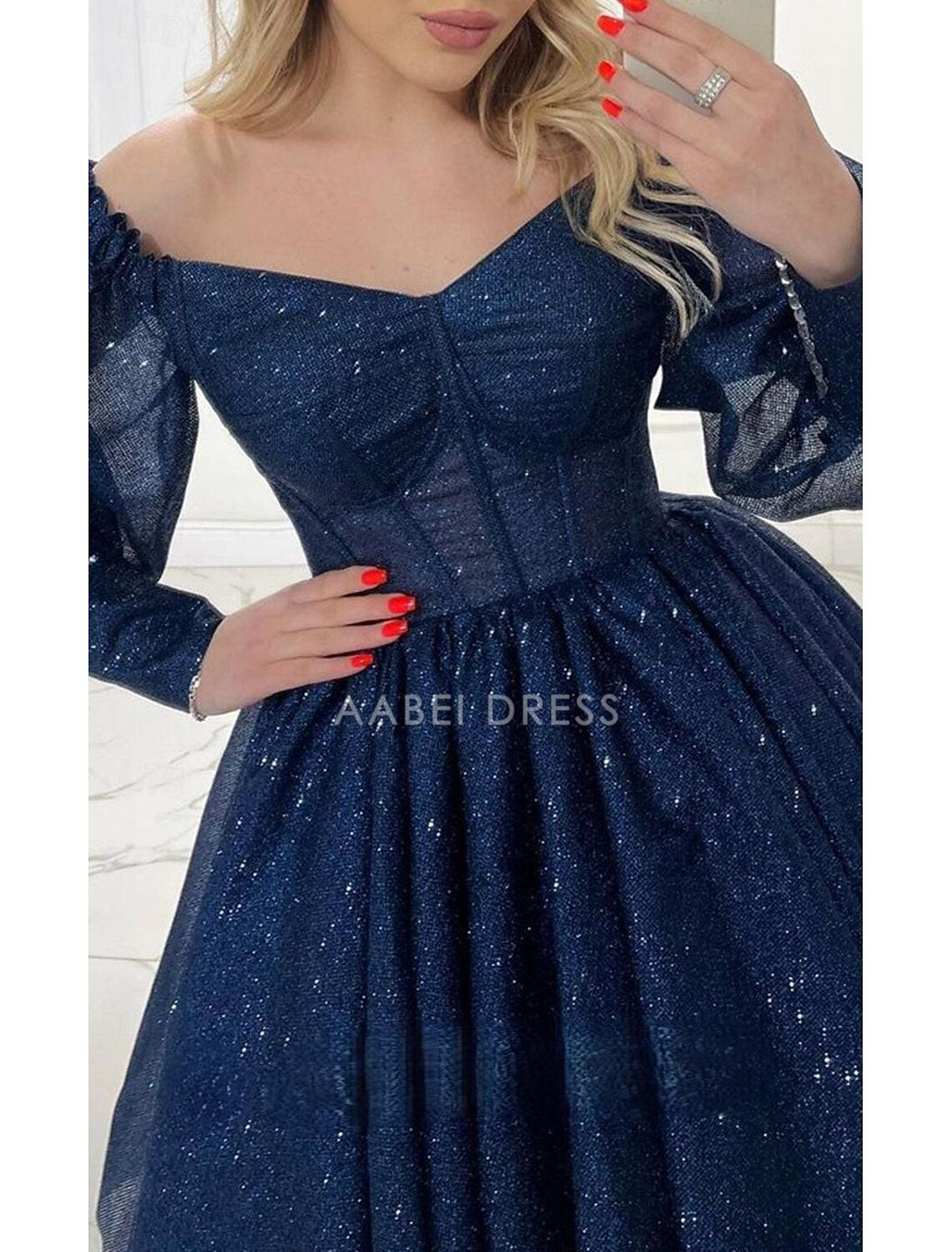 AABEI DRESS New Homecoming Dress Sequin A-Line V Neck Long Sleeve Corsets Dress Holiday Graduation Glitter Short Prom Dresse