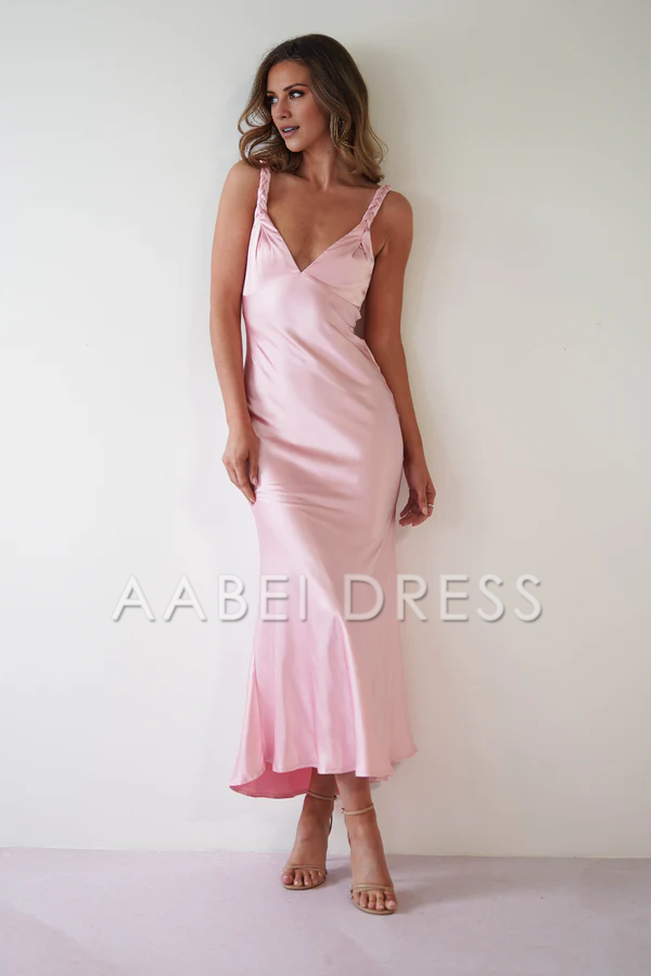 AABEI DRESS Prom Dress V-neckline Adjustable Straps Rear zip Stunning Simple Satin Dress