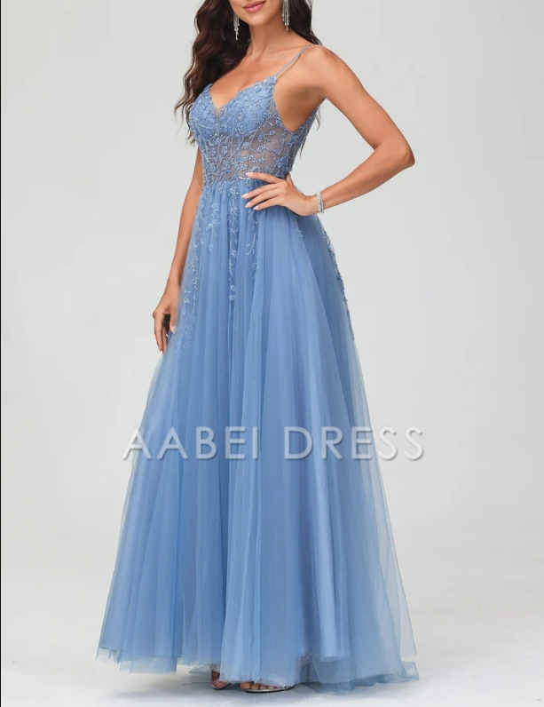 AABEI DRESS A-Line Spaghetti Straps Tulle Backless Sweep Train Dress Side Fork Exquisite Romantic Evening Dress