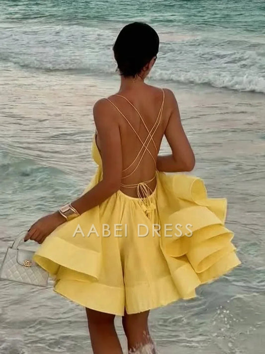 AABEI DRESS New Homecoming Dress Fashion Pleated A-line Hem Mini Dresses Sexy Sleeveless Backless Lace-up Dress Holiday Beachwear Prom Dress