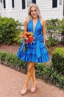 AABEI DRESS New Homecoming Dress Fashion A-Line Low V-Neck Halter Backless Pleated Tiered Bow Sweet Short Prom Dresse