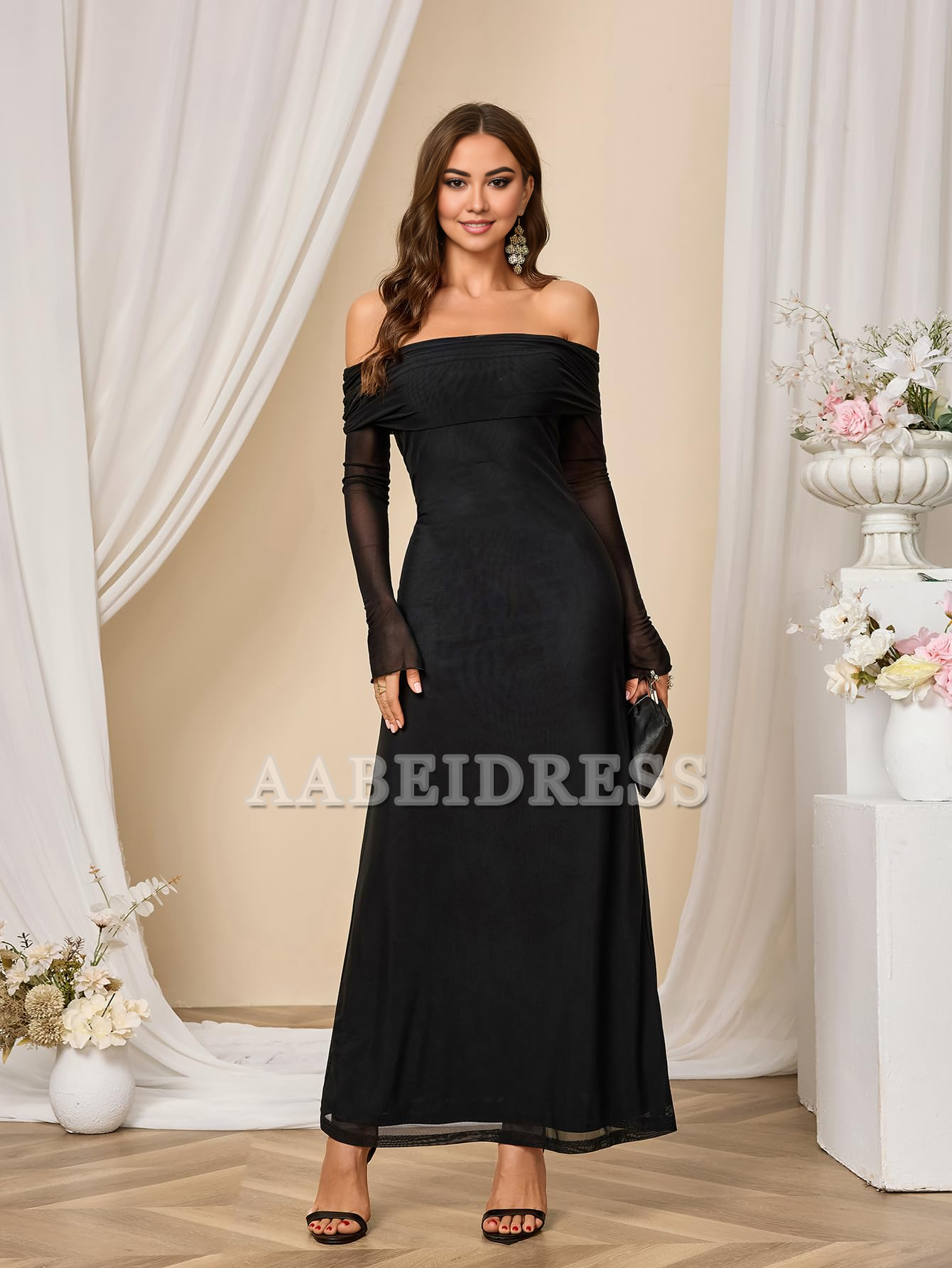 Prom Dress Long Sleeve Mesh Off Shoulder Bodycon Maxi Dress Charming Party Dresses Wedding Guest Dresses Formal Wear Dresses