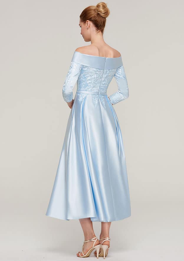 Exquisite Wedding Guest Dresses Sky Blue Satin A-line Off-the-Shoulder 3/4 Sleeve With Lace Appliqued Sashes Ruched Tea-Length Bargain Mother of the Bride Dress