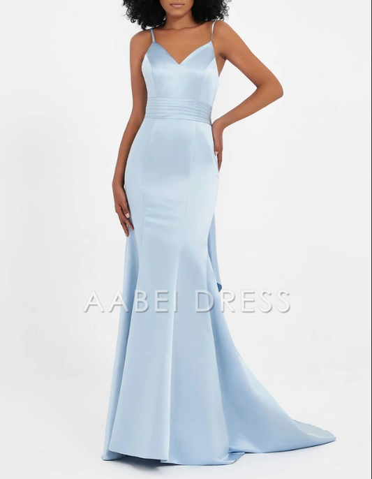 AABEI DRESS Mermaid Sweetheart Spaghetti Straps Sweep Train Satin Dress Pleated Backless Bowknot Sweep Train Exquisite Evening Dress