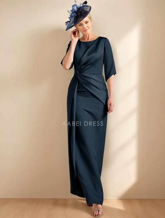 AABEI DRESS Wedding Guest Dress Elegant Sheath Jewel Neck Half Sleeve Ankle Length Ruched Solid Color Mother of the Bride Dress