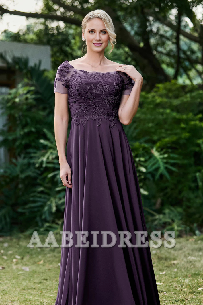 AABEI DRESS Mother of the Bride Dresses Ruched Applique Short Sleeves Chiffon Long Dress Elegant Formal Dress High Quality Wedding Guests Dresses
