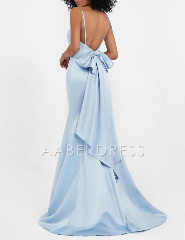 AABEI DRESS Mermaid Sweetheart Spaghetti Straps Sweep Train Satin Dress Pleated Backless Bowknot Sweep Train Exquisite Evening Dress