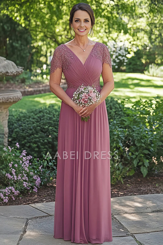 AABEI DRESS Mother Of The Bride Dress Sparkly A-Line Wrap Sequined Short Sleeves Chiffon Retro Long Formal Wear Dresse