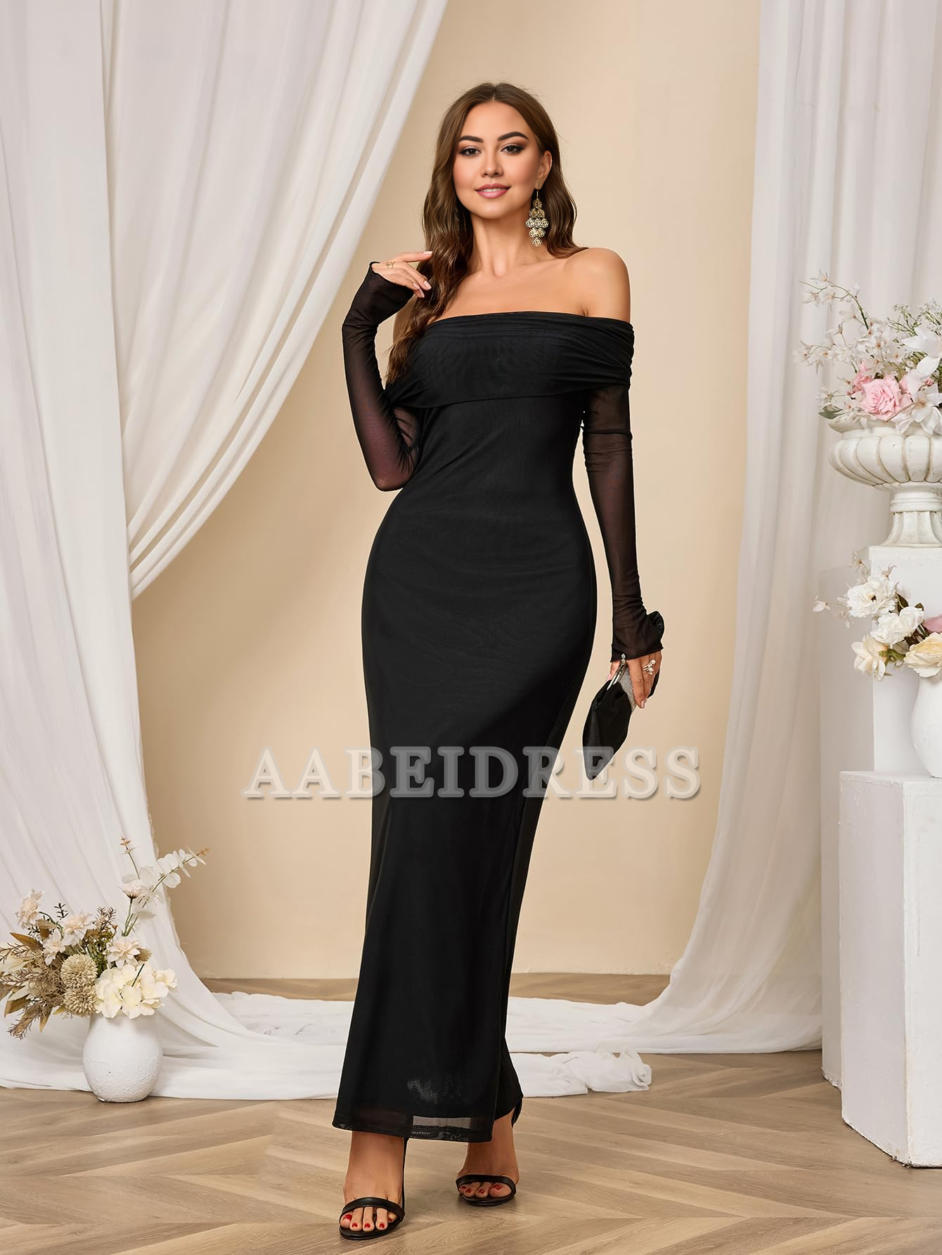 Prom Dress Long Sleeve Mesh Off Shoulder Bodycon Maxi Dress Charming Party Dresses Wedding Guest Dresses Formal Wear Dresses