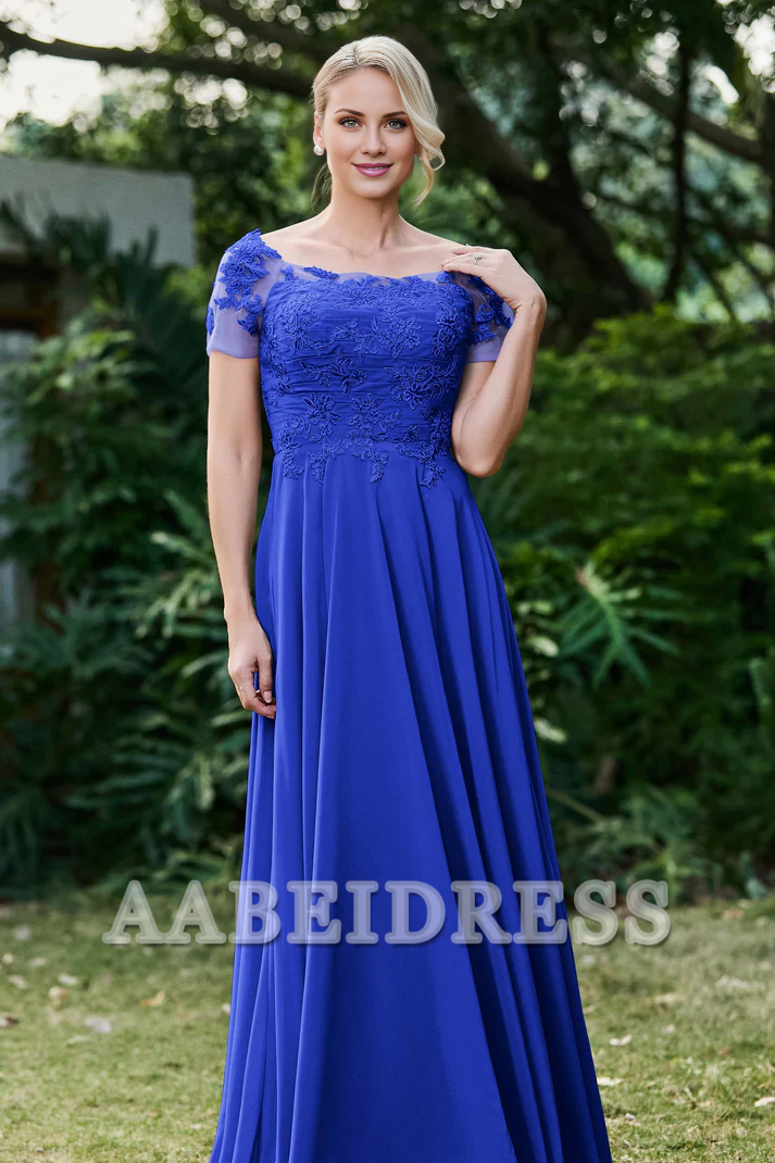 AABEI DRESS Mother of the Bride Dresses Ruched Applique Short Sleeves Chiffon Long Dress Elegant Formal Dress High Quality Wedding Guests Dresses