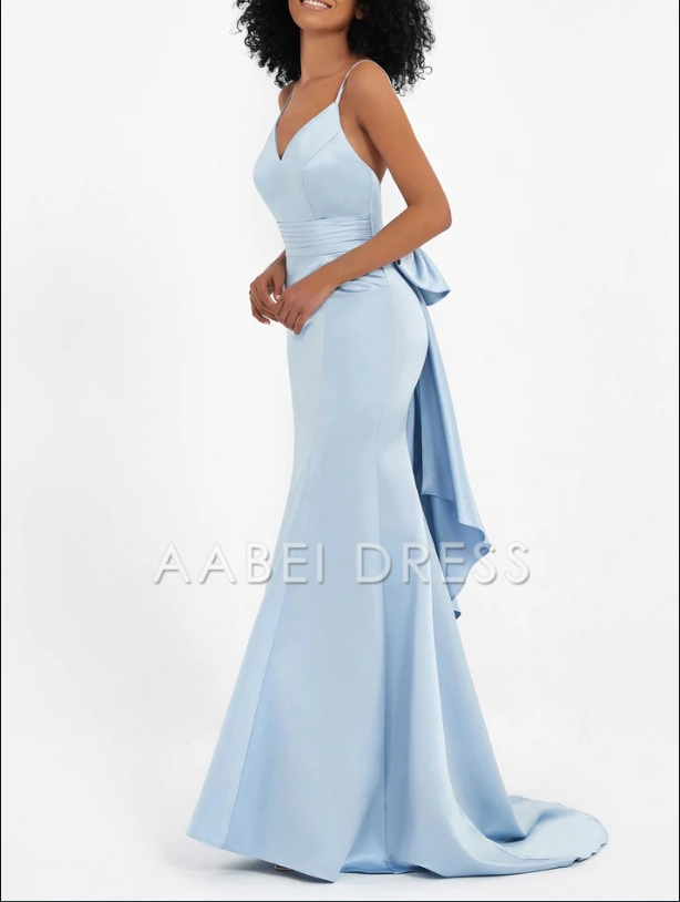 AABEI DRESS Mermaid Sweetheart Spaghetti Straps Sweep Train Satin Dress Pleated Backless Bowknot Sweep Train Exquisite Evening Dress