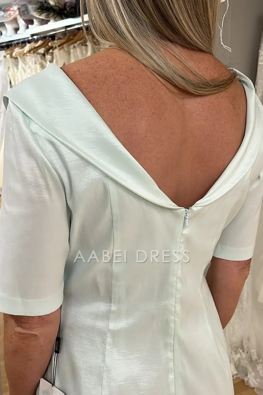 AABEI DRESS High Quality Mother of The Bride Dress Satin Folded Deep V-Neckline 1/2 Sleeves Calf-Length Back Slit Elegant Dresses Formal Dresses