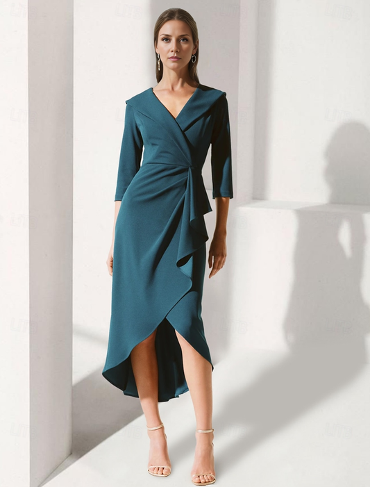 AABEI DRESS Wedding Guest Dress Fashion A-Line V Neck 3/4 Length Sleeve Tea Length Ruched Solid Color Elegant Mother of the Bride Dress