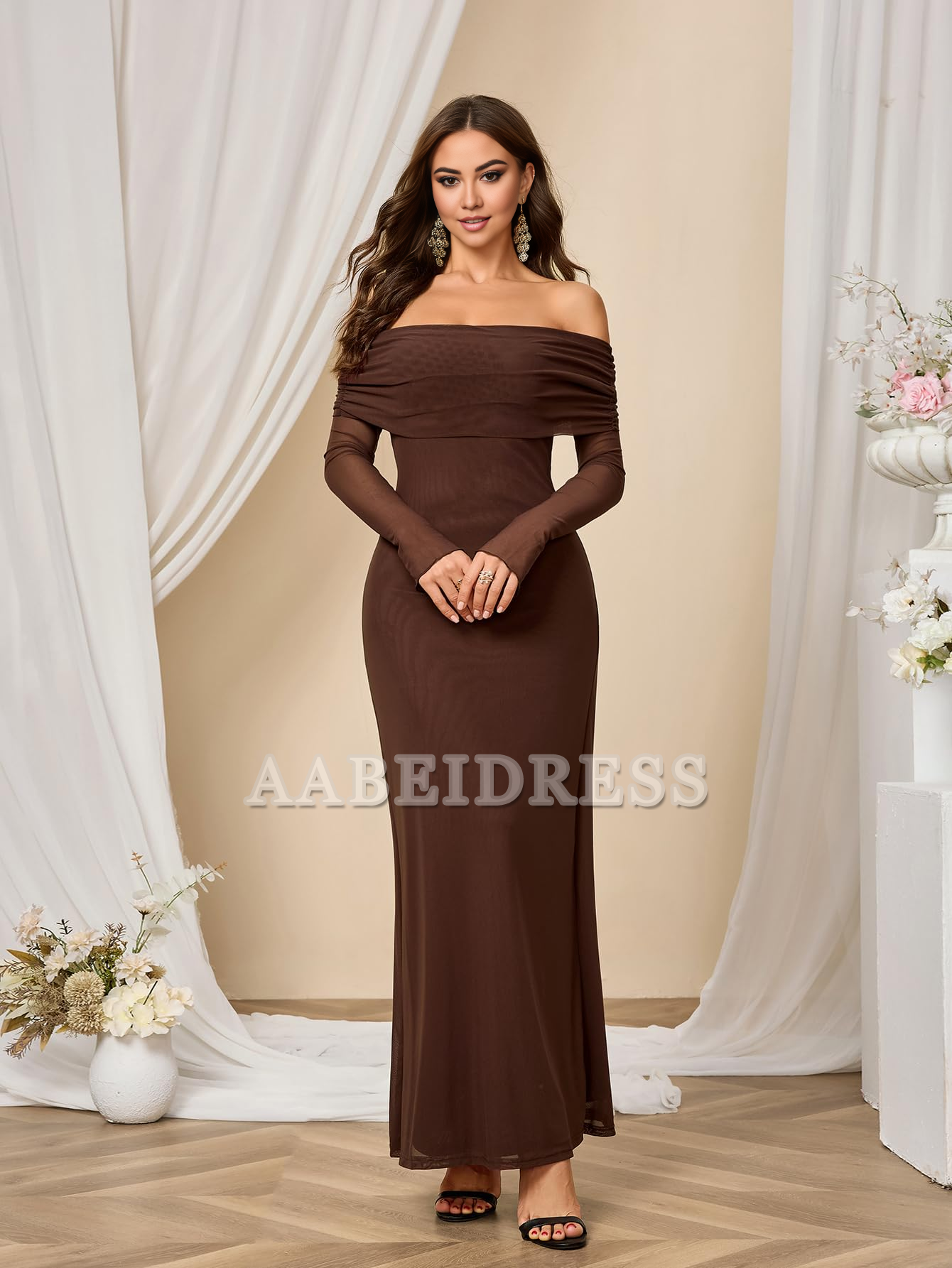 Prom Dress Long Sleeve Mesh Off Shoulder Bodycon Maxi Dress Charming Party Dresses Wedding Guest Dresses Formal Wear Dresses