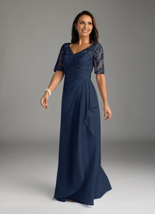 AABEI DRESS Wedding Guests Dresses A-Line V-Neck Short Sleeve Lace Applique Cascading Ruffles Fashion Elegant Mother of the Bride Dress