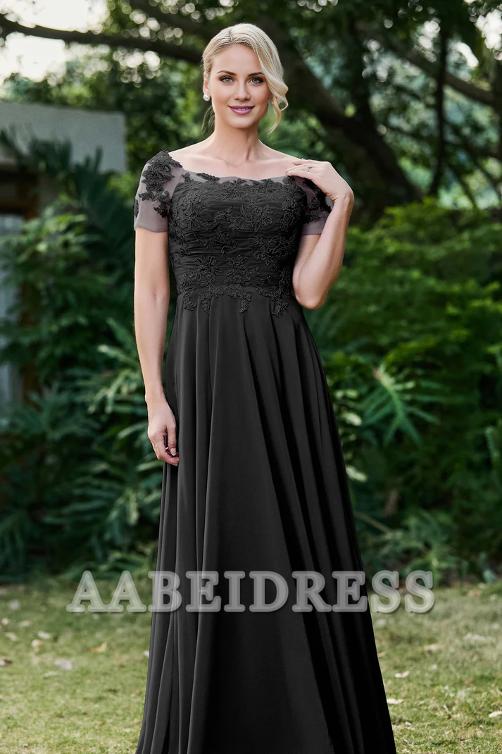 AABEI DRESS Mother of the Bride Dresses Ruched Applique Short Sleeves Chiffon Long Dress Elegant Formal Dress High Quality Wedding Guests Dresses